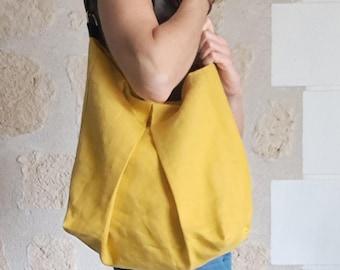 Sac hobo en lin jaune et cuir - Sac léger pour l'été avec anse ou bandoulière réglable et amovible