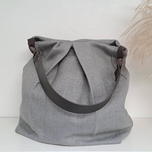 Large gray canvas hobo bag - women&#39;s bag with removable leather handle