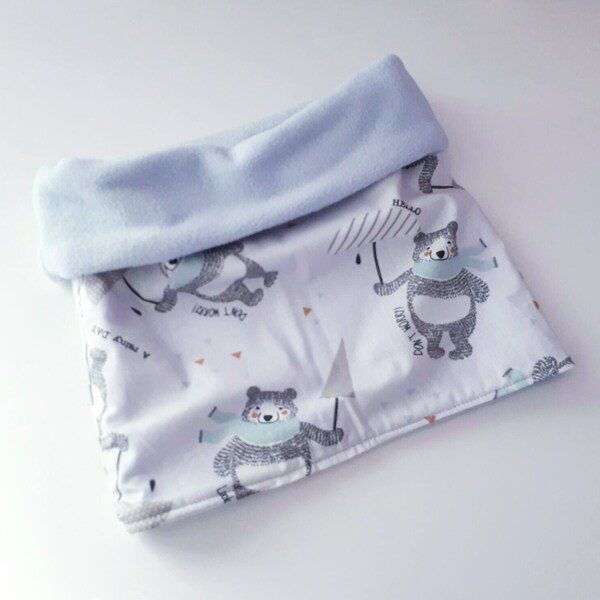 Tour de cou polaire enfant chaud - Snood garçon bleu/gris imprimé d'ours avec parapluie