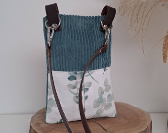 Women's mobile phone pouch in water green corduroy, eucalyptus leaves, leather shoulder strap smartphone pouch