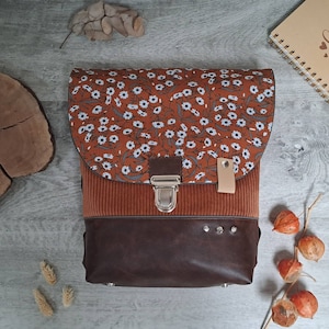Sac à dos femme marron velours côtelé et simili cuir, sac à dos à petites fleurs velours côtelé marron
