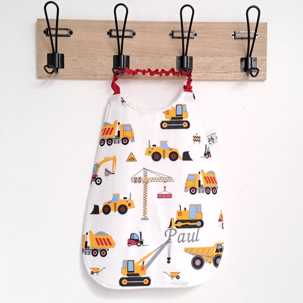 Elastic children's towel - Personalized maternal towel with first name embroidered in fabric, construction equipment, backhoe loaders, dump trucks