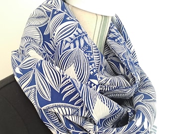 Tropical print snood - Double wrap around neck - Blue and white scarf - Tubular scarf - Women's gift idea