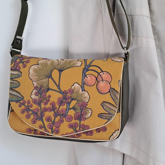 Sac à main bandoulière femme - Simili cuir kaki et tissu motifs gingko, mimosa