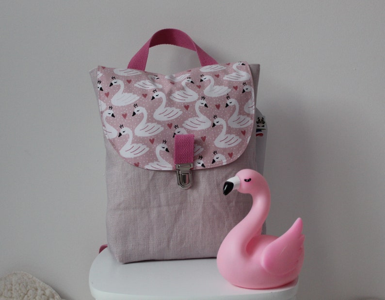 Girl backpack customizable-kindergarten in pale pink linen and swans cotton pink-back to school birthday. gift birth