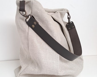 Shoulder bag in natural-colored canvas with leather handle or shoulder strap - Large undyed women's bag