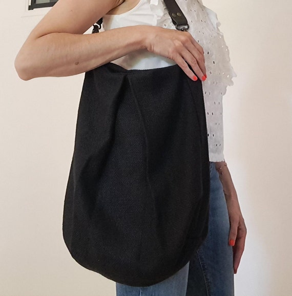 Large Black French Canvas Hobo Bag With Brown Leather Handle Casual Everyday Bag Etsy UK