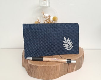 Navy blue canvas checkbook holder, small silver leaf, sequins, fabric checkbook cover