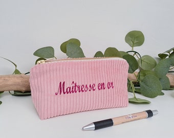 Trousse personnalisée pour maîtresse - velours côtelé rose et message pailleté fuchsia - cadeau pour enseignante