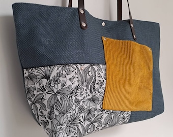 Large tropical leaves tote bag - Storm blue French canvas, mustard corduroy - Calathéa collection - Unique model