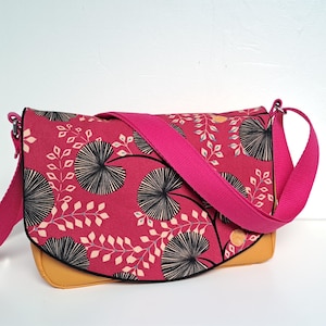 Sac à main bandoulière femme en simili cuir jaune et tissu fuchsia Pondichery