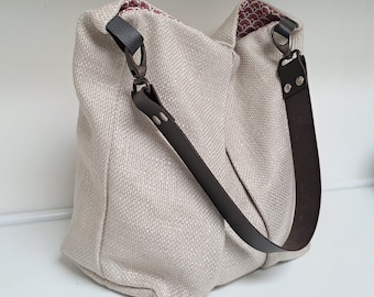 Sac hobo en toile de couleur beige avec anse en cuir réglable - Sac à bandoulière pour femme - Sac naturel non teint