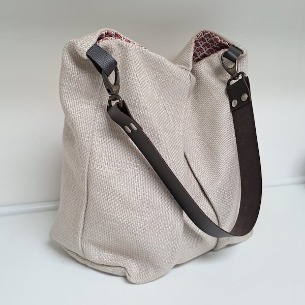 Beige canvas hobotas met verstelbaar leren handvat - Damesschoudertas - Ongeverfde natuurlijke tas