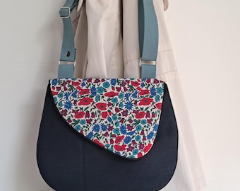 Umhängetasche aus Leinen und Liberty in Marineblau – Verstellbare Umhängetasche