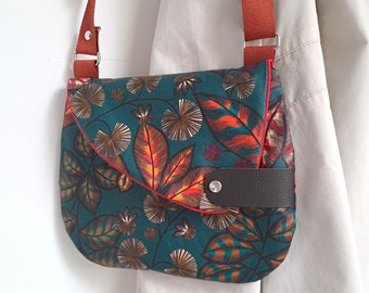 Sac besace toile enduite motifs feuilles - Bandoulière femme imperméable - Porté épaule ou travers Fait Main
