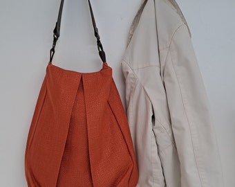 Large hobo bag in burnt orange canvas - Large and light shoulder bag for women with leather handle