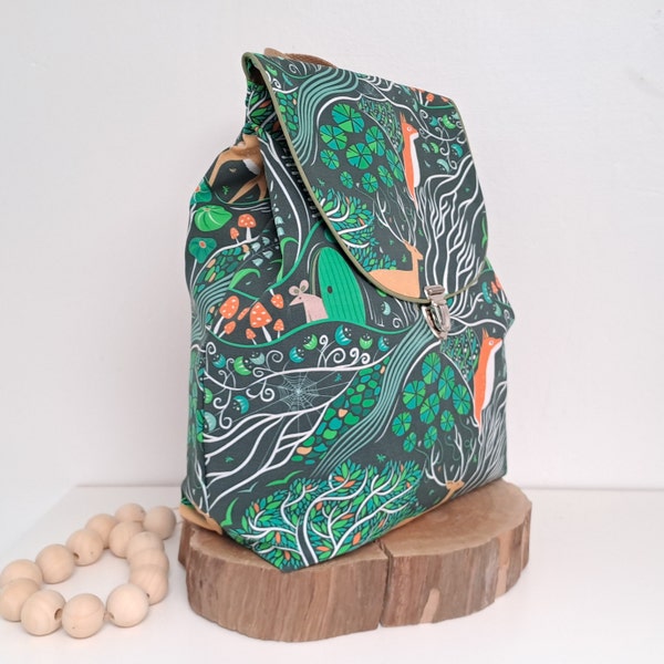 Sac à dos enfant vert renard, cerf, champignon - Sac maternelle enfant - Sac de crèche