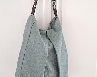 Grand sac hobo en toile vert de gris - Sac à bandoulière réglable en cuir grand et léger pour femme - sac d'été