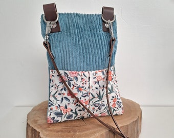 Leather shoulder phone pouch - Liberty smartphone case, pigeon blue corduroy - Small women's shoulder bag
