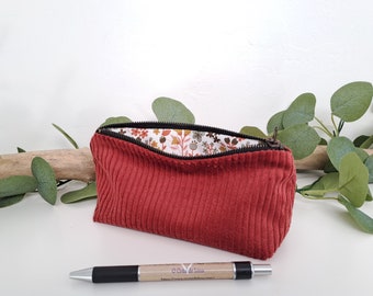 Trousse velours côtelé terracotta personnalisable - Trousse à maquillage grosses côtes, fermeture en métal - Petite trousse zippée