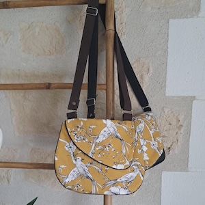 Sac besace tissu moutarde oiseaux et fleurs