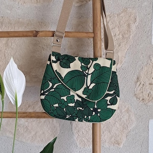 Sac bandoulière toile imprimé feuillage liseré et bandoulière réglable or pailleté