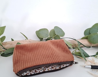 Customizable brown corduroy pencil case - Zippered cosmetic pouch - Coarse ribbed velvet zipped pencil case