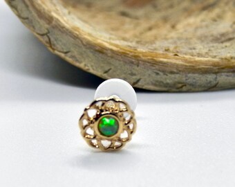 Gold Design with Fire Green Opal Gem 6mm Bioflex Flat Back Labret Bar, Cartilage, Ear, Tragus, Lip