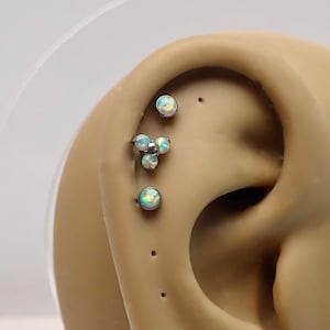 3 piercings , Implant titanium, Moon Yellow fire Opal Tri-Cluster & 2  3mm Flat Opal Flatback Piercing  helix, lip internally threaded