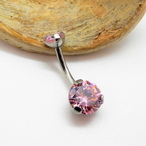 Implant Grade Titanium Internally Threaded Prong Set Belly Button Ring 10mm or 12mm- 5/8 or 1/2'' '' Pink Gem