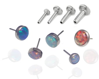 Opal Implant Titanium Push Fit Threadless 3mm, 4mm, 5mm Tops with Flatback Stems - (Lip, Tragus, Medusa, Conch) 20g/18g/16g/14g FLATBACK