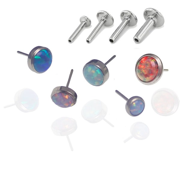 Opal Implant Titanium Push Fit Threadless 3mm, 4mm, 5mm Tops with Flatback Stems - (Lip, Tragus, Medusa, Conch) 20g/18g/16g/14g FLATBACK