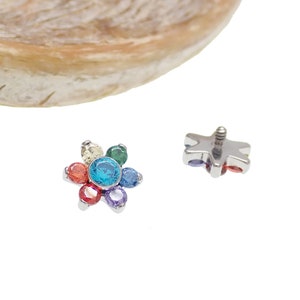Multi CZ   Flower CZ Implant Titanium piercing on  Flatback labret- back gauges 18g, 16g, 14g, lip, cartilage, lobe, tragus, conch