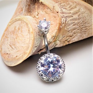 CZ round solitaire belly ring surgical steel bar stem ,8mm ,10mm or 12mm FREE SHIPPING