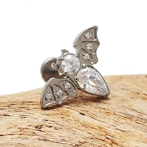 CZ Bat Titanium Threadless Push Fit Flatback Piercing - 20g, 18g, 16g, 14g , Helix implant titanium  piercing