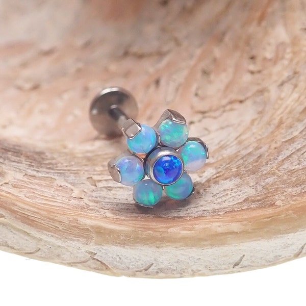 Azure & Pacific Blue Opal Flower Implant Titanium Flatback Piercing 18g, 16g, 14g