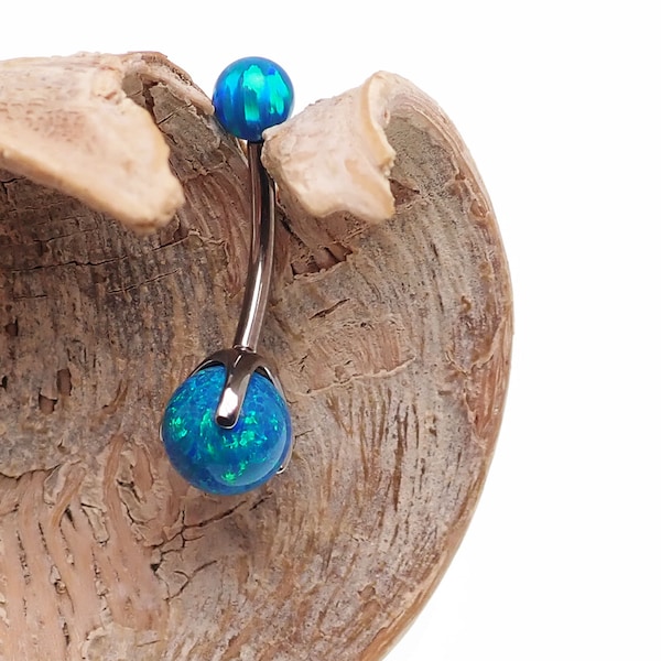 14g Implant Titanium 6mm-12mm Peacock Blue Opal Prong Set Belly Bar Ring