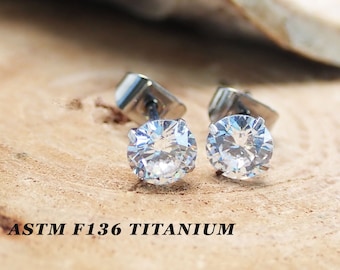 Paire de boucles d'oreilles en métal titane de qualité implantable avec cristaux de zirconium cubiques de 4 mm, 5 mm ou 6 mm, 100 % hypoallergénique, oreilles sensibles, anodisation disponible 20 g