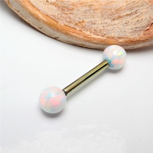 Gold Implant Titanium fire & Ice White Fire Opal internally threaded tongue, nipple industrial scafford ring barbell 12g 14g x1