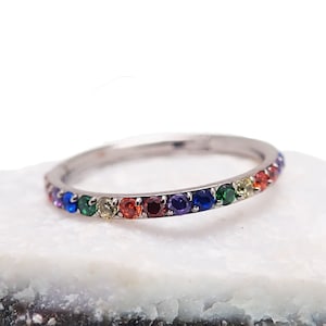 16g Titanium Multi Rainbow CZ 8mm, 10mm Hinged Body Clicker Sold in Singles