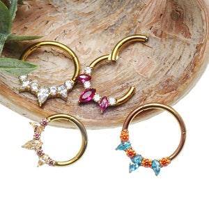 Clicker articulé avec pierres scintillantes CZ, septum, Daith, piercing hélicoïdal. Implant titane 8 mm, cerceau clicker 10 mm 16 g, autres couleurs de métal