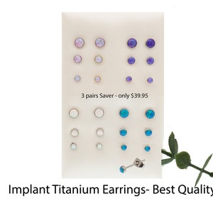 Pendientes de titanio con implantes, muchos colores y tamaños, tachuelas hipoalergénicas, se venden por pares, con cierre de mariposa de titanio de 20 g.