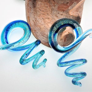 1 Pair (2 Pieces) - Light Blue Aqua memaid effect Dichroic Glass Spirals zig zags hanger plugs  2g 0g 00g 1/2&#39;&#39;, 6mm,8mm,10mm,12mm