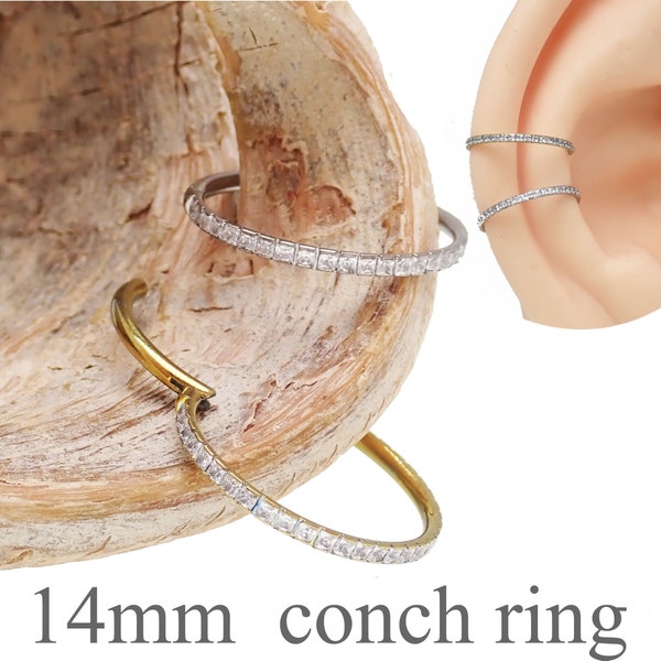 14mm Conch  Titanium hoop,  larger conch piercing 16g Crystal  Hoop hinged clicker, conch, 16g ring inner conch hoop