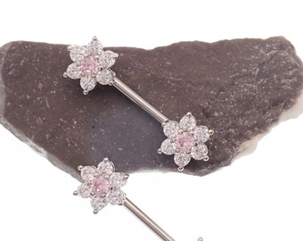 Pair of Pink and Clear CZ Flower Surgical Steel Flower Nipple piercings, pretty nipple rings sold in pair- 14g 12mm,14mm,16mm,18mm