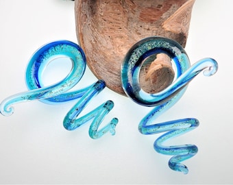 1 Pair (2 Pieces) - Light Blue Aqua memaid effect Dichroic Glass Spirals zig zags hanger plugs  2g 0g 00g 1/2'', 6mm,8mm,10mm,12mm