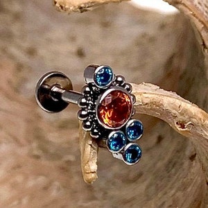 Piercing piatto in titanio con perline CZ arancioni e turchesi da 18 g, 16 g, 14 g