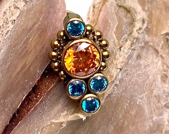 Rose-Gold-Anodized Orange & Teal CZ Beaded Cluster Implant Titanium Flatback Piercing 18g, 16g, 14g
