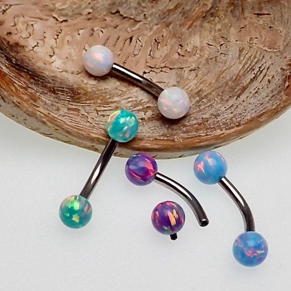 Titanium 14g Curved Barbell with 5mm Opal Stone Ball Ends ( Vertical Hood, Nipple, Belly, Ear, Cartilage )