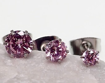 3 Pairs Surgical Steel Pink Cubic Zirconia Stud Earrings (3mm, 4mm, 5mm)